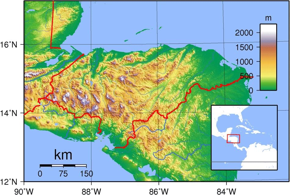 kart over Honduras topografiske